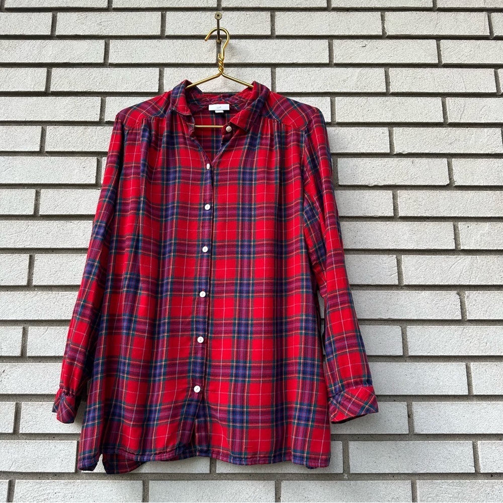 J.Jill Red Plaid Lightweight Flannel Button Down Shirt Long Sleeve Size Large